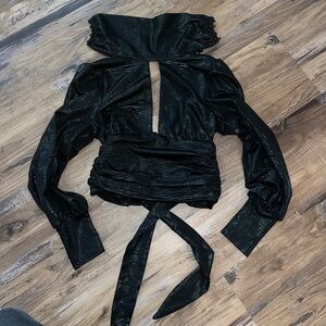 Black turtleneck leather open back top long sleeve